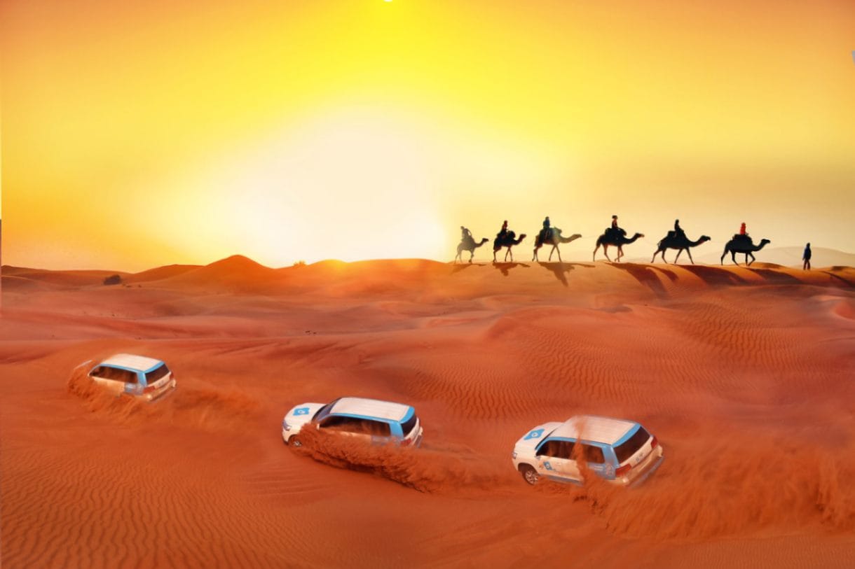 Desert safari trip dubai including camel rides, sandboarding.