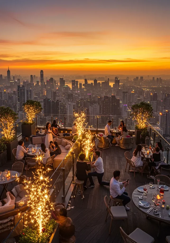 Cé La Vi Rooftop sunset views, fine dining, perfect for dates and proposals.