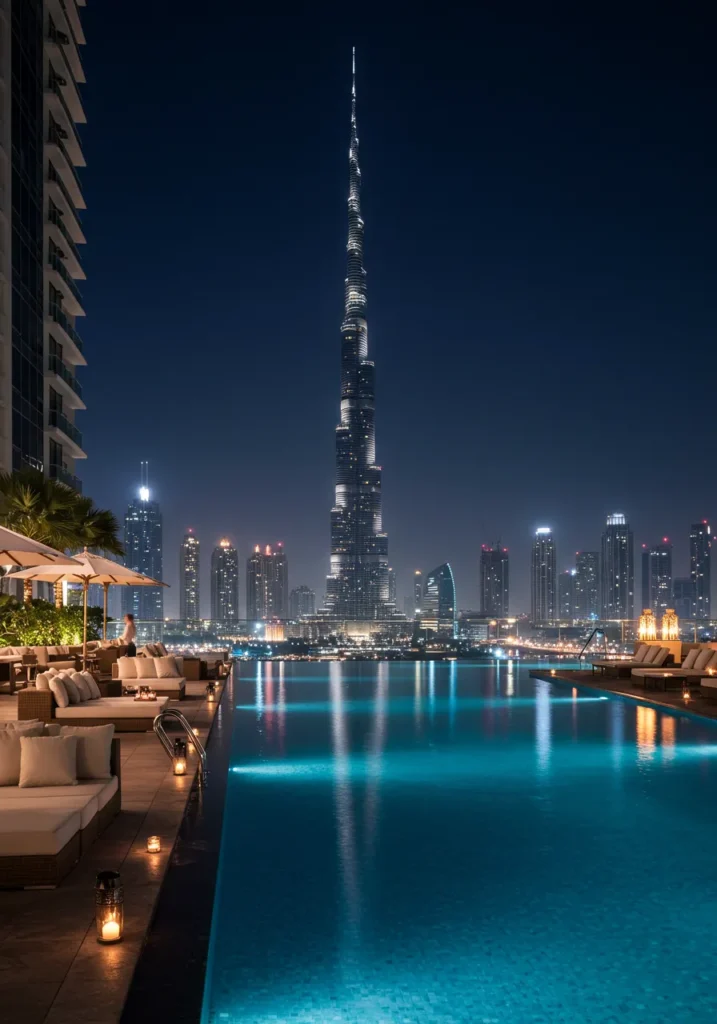 High Society Romantic infinity pool, cozy seating, night skyline views.