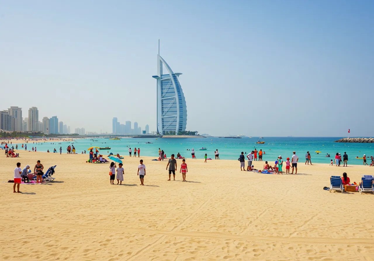 Tourists relaxing at Dubai public beaches with clear blue water