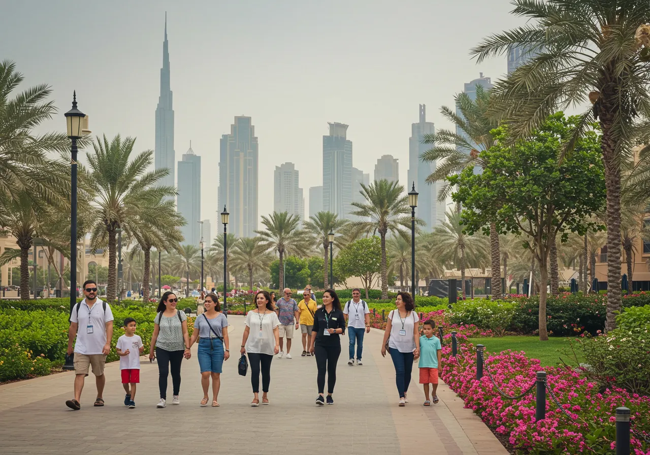 Visitors exploring Dubai public parks with walking tour pathways