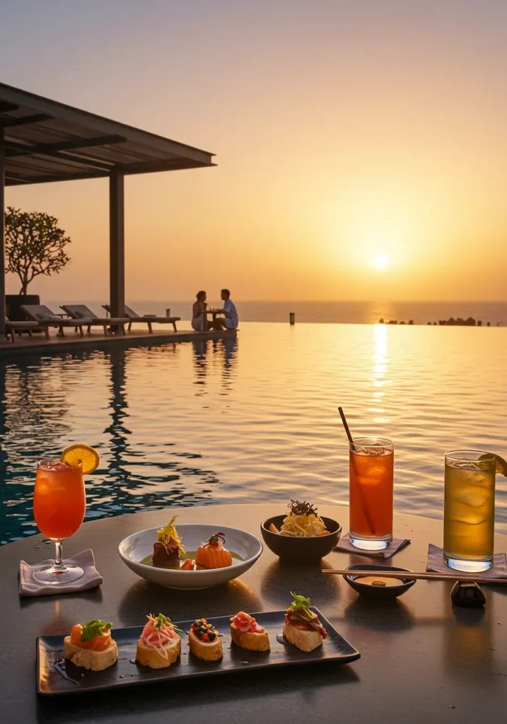 Tapasake Modern Japanese food, rooftop infinity pool, peaceful sunset vibes.