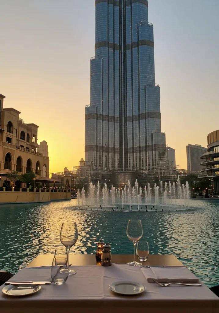 Urla Mediterranean dining, romantic fountain views, close-up Burj Khalifa views.