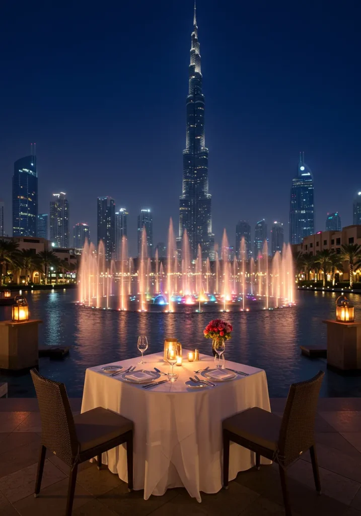 Urla Romantic outdoor dining, fountain shows, candlelit setup.