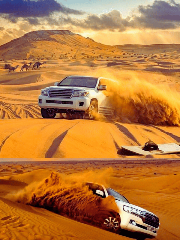 a white truck driving through a sandy desert