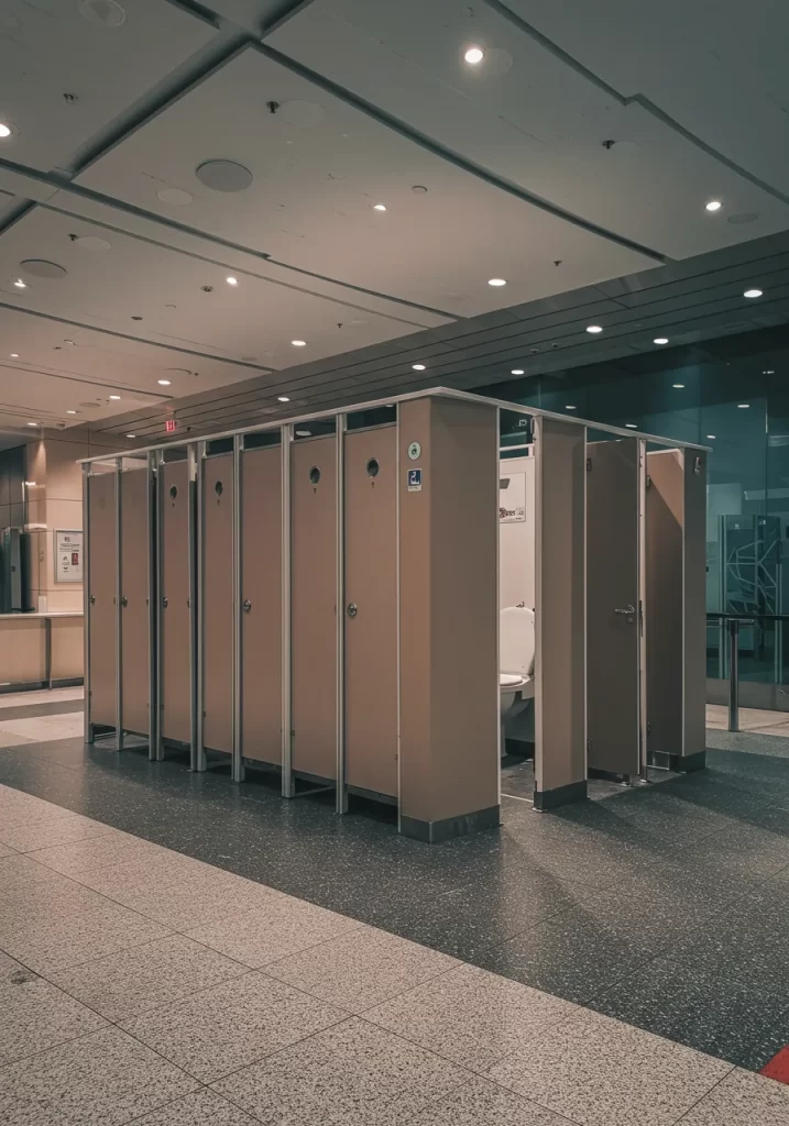 Accessible restroom facilities with clear signage and support bars