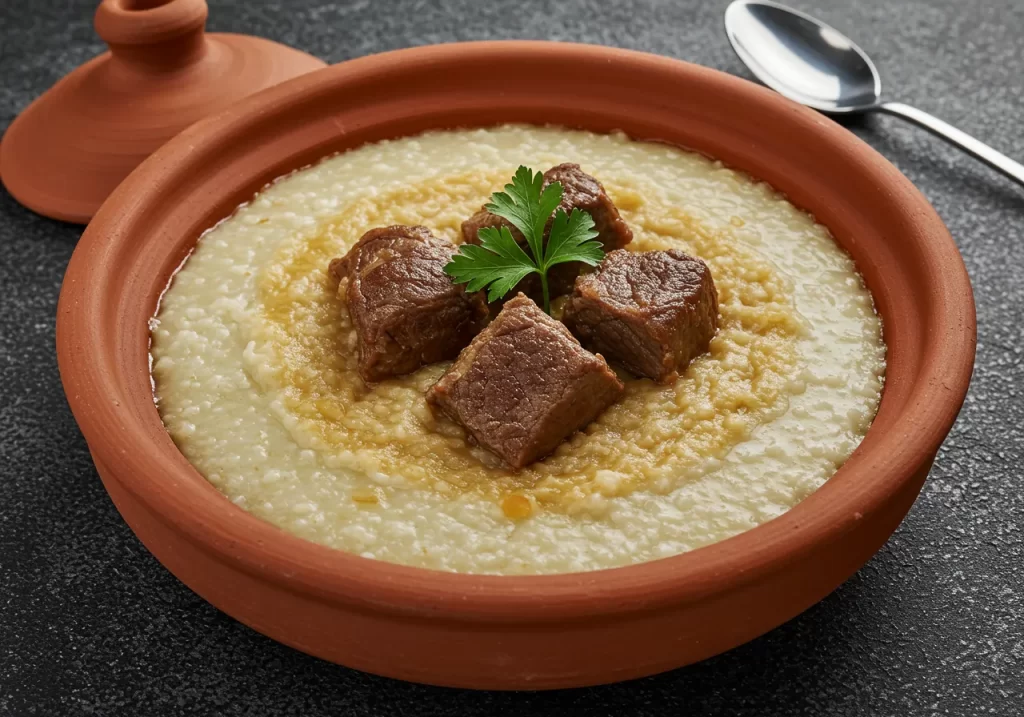 Al Harees is a traditional Emirati dish made with wheat and meat, typically lamb or chicken