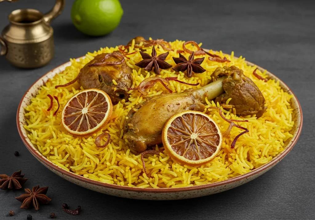 Al Machboos is a fragrant rice dish made with meat (usually chicken or lamb), rice, and a blend of spices including saffron, dried lemon (loomi), and turmeric