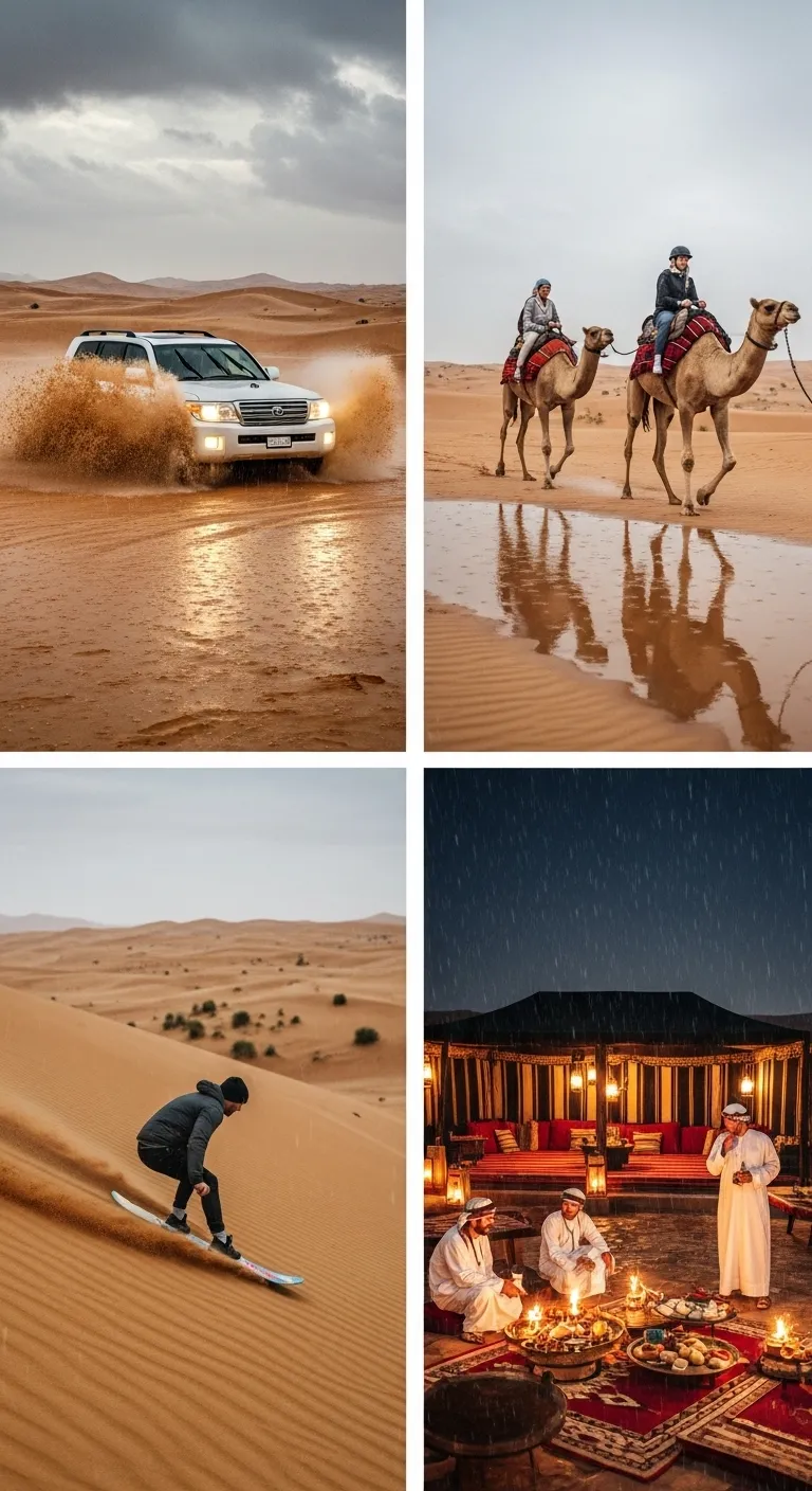 Fun activities like dune bashing and camel rides during rainy Dubai desert safari