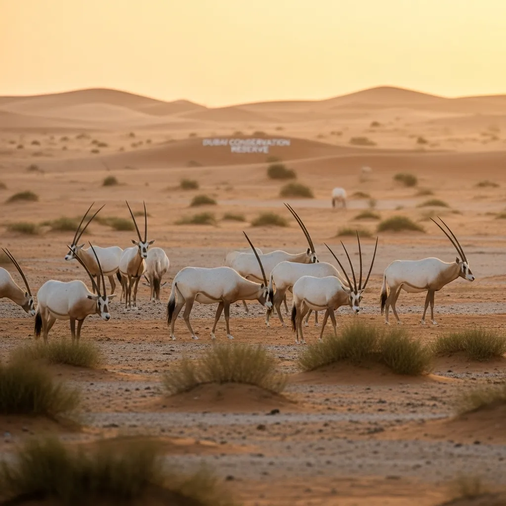 Arabian oryx sighting Dubai herd at sunrise in dunes