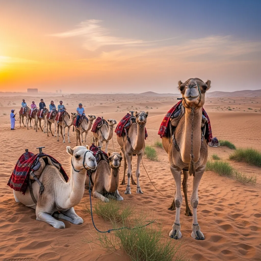 Camels in Dubai desert at golden sunrise