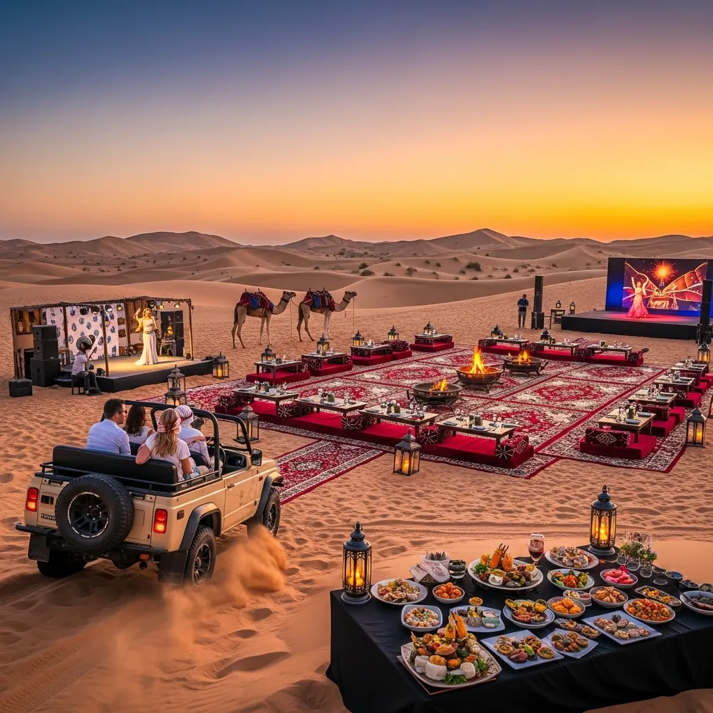 Tourists enjoying evening desert safari with sunset views in Dubai