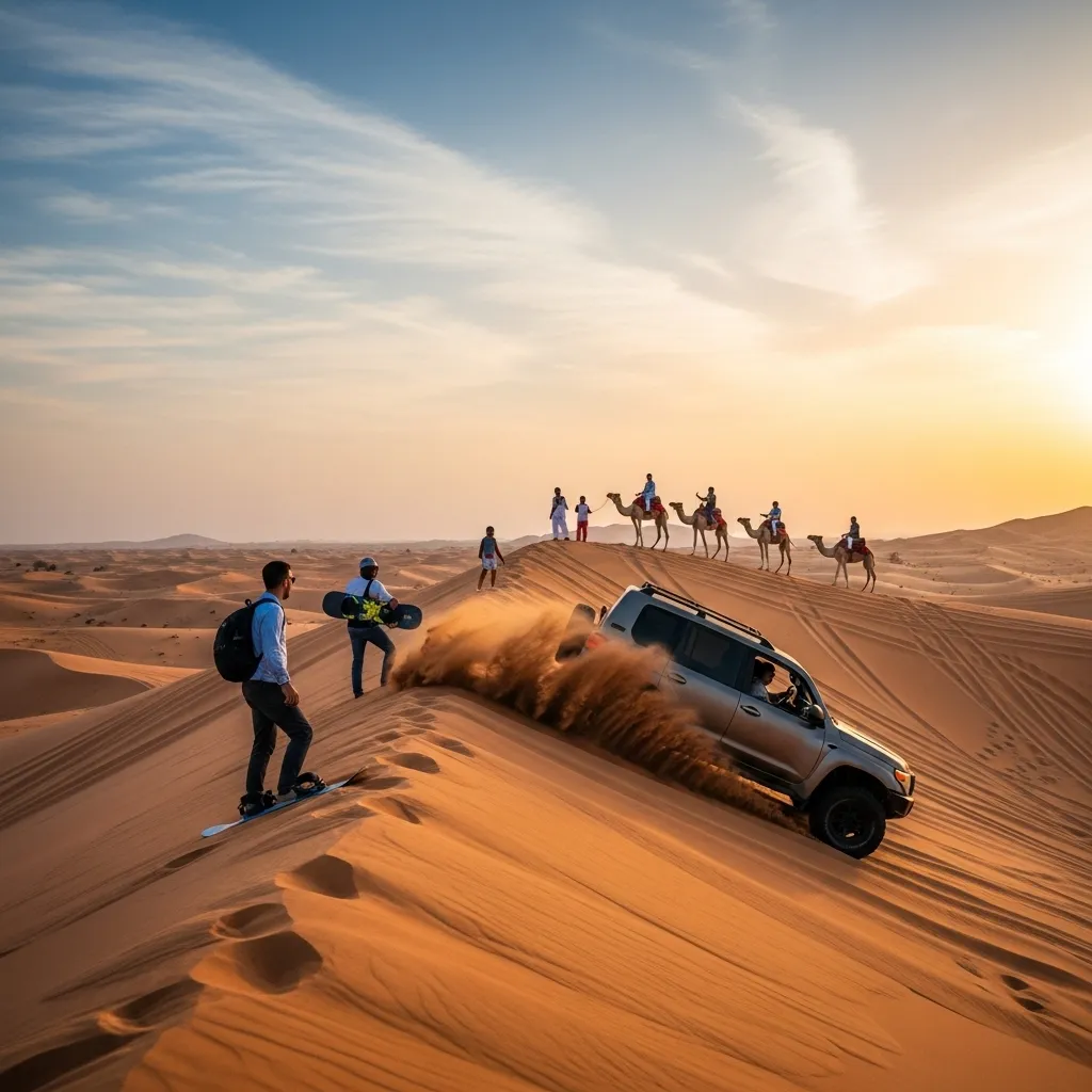 Morning desert safari in Dubai with camel rides and sandboarding