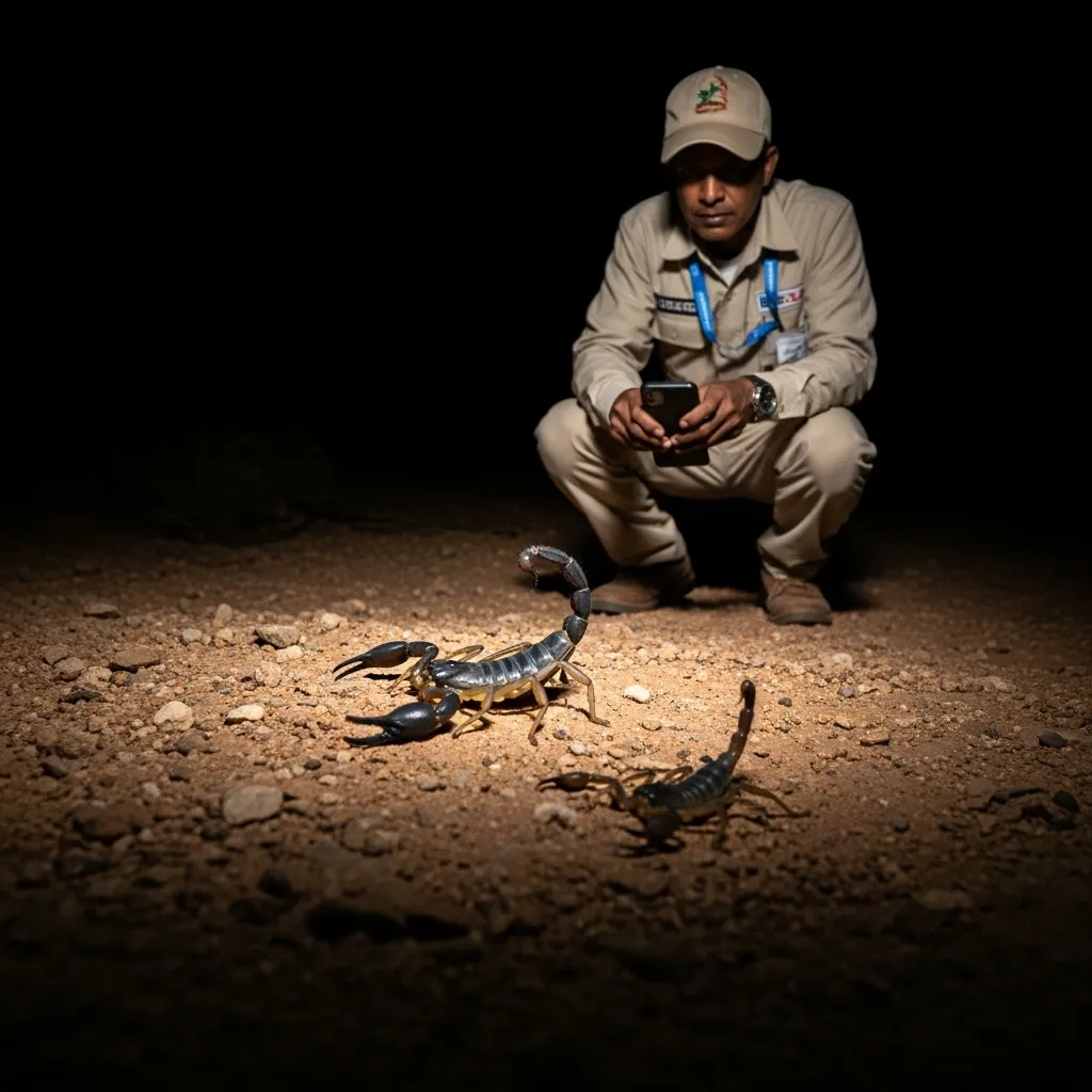 Scorpion spotting Dubai night safari with guide