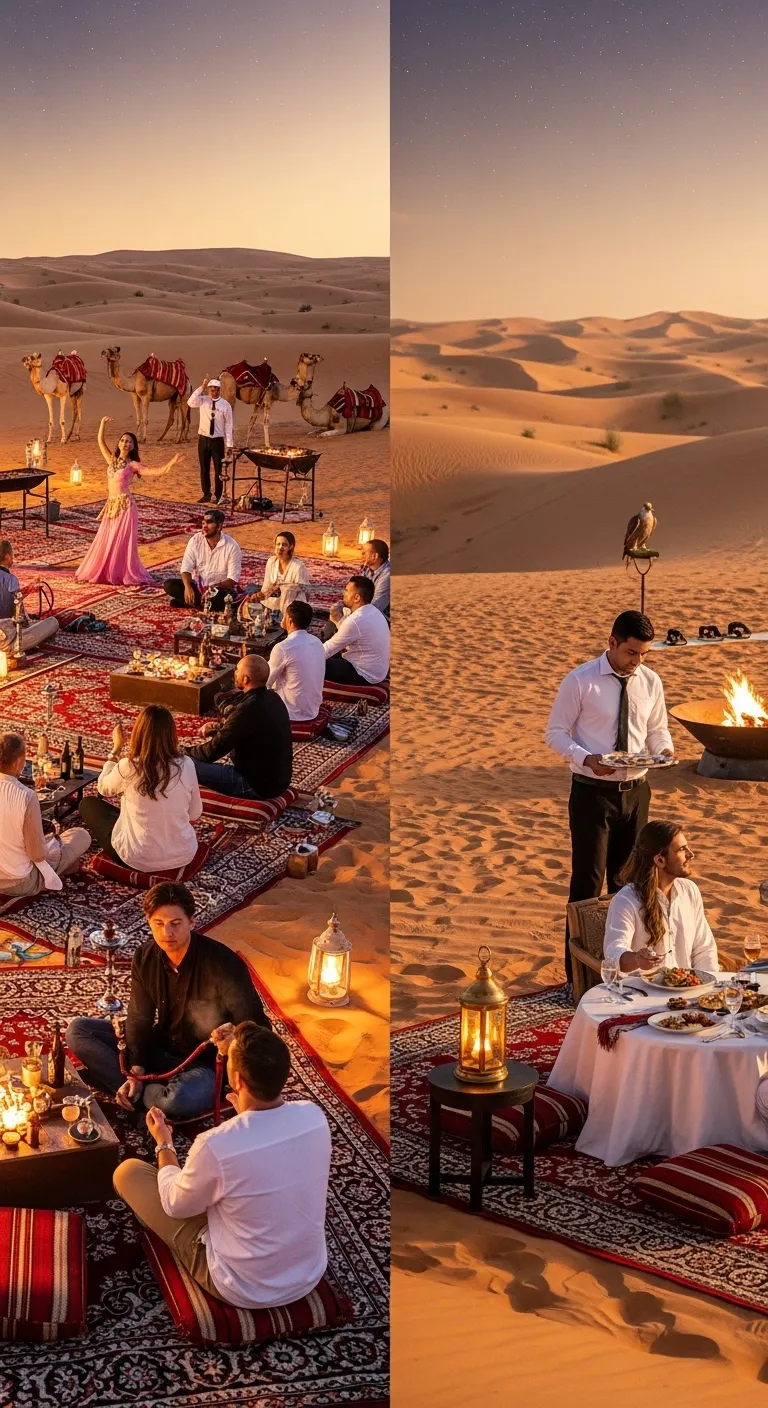 Dubai desert safari camp activities showing difference between private and shared tours