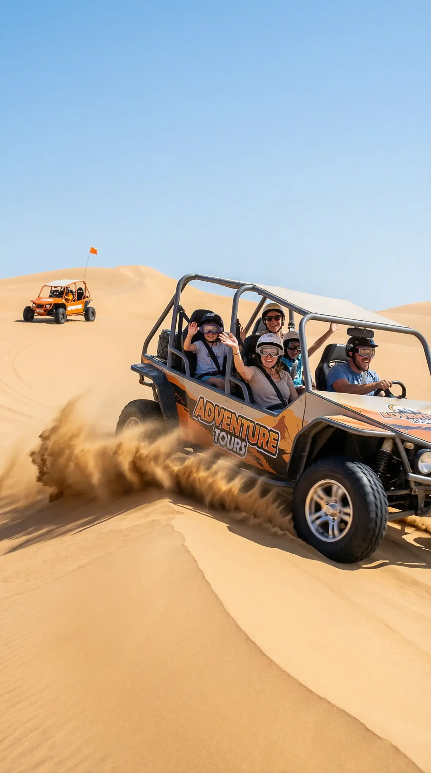 Family and friends enjoying a 4-seater dune buggy ride across the Dubai desert with safety gear