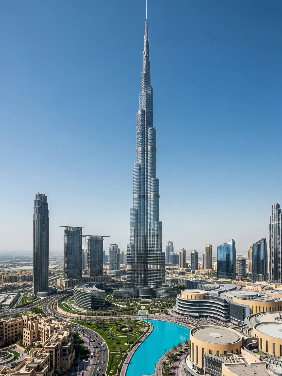 Burj Khalifa in Dubai rising above Downtown skyline on a clear day