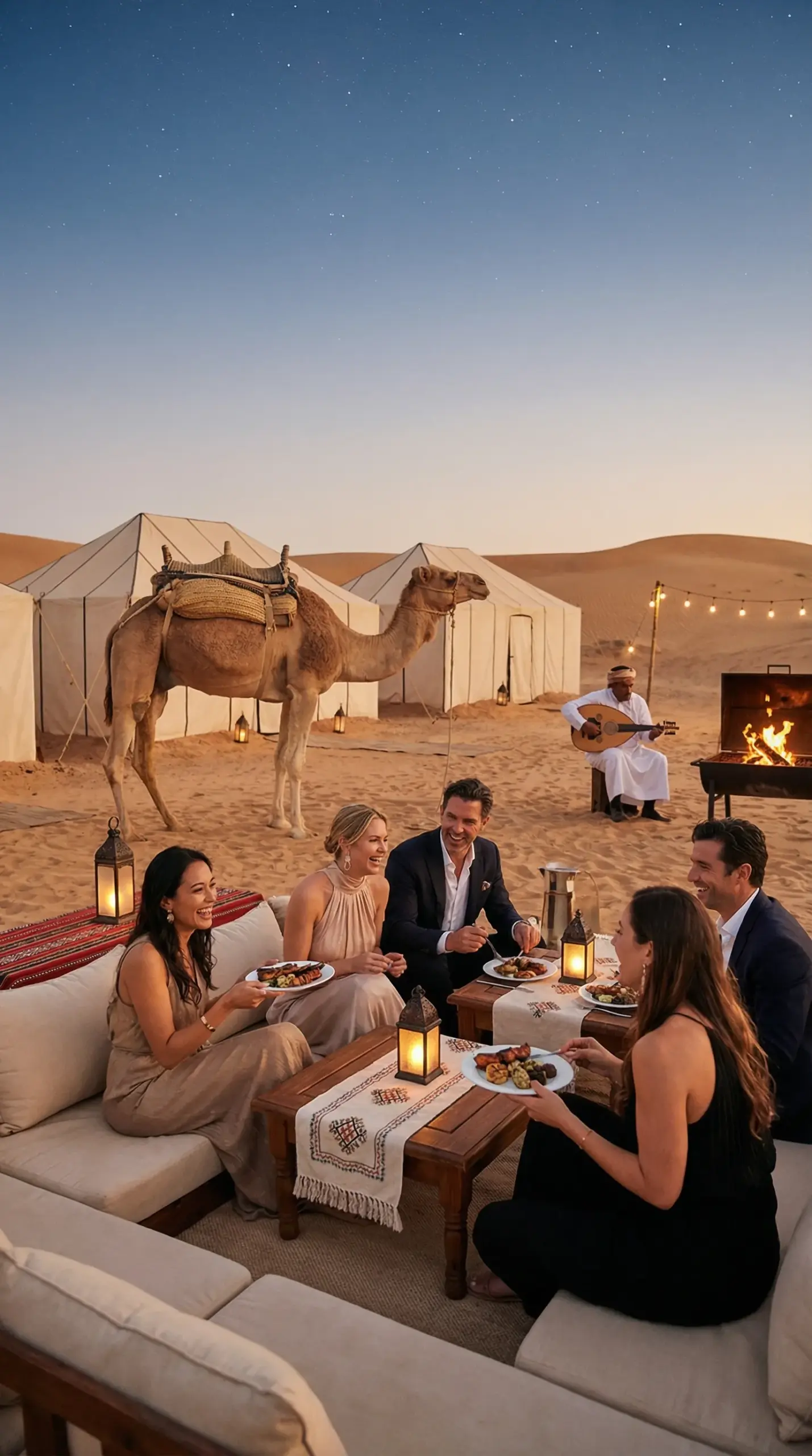 Classic private desert safari in Dubai with private 4x4 vehicle driving over golden sand dunes at sunset