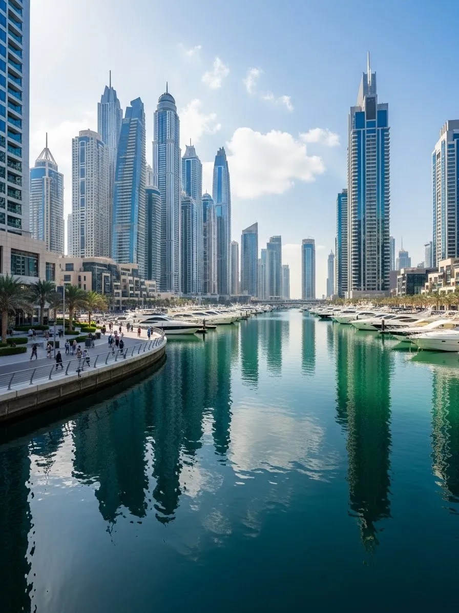 Dubai Marina waterfront showing luxury yachts, marina walk and modern skyscrapers