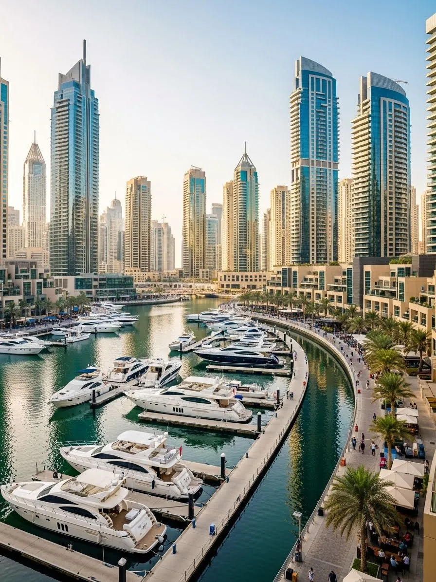 Dubai Marina waterfront with luxury yachts, skyscrapers and marina walk