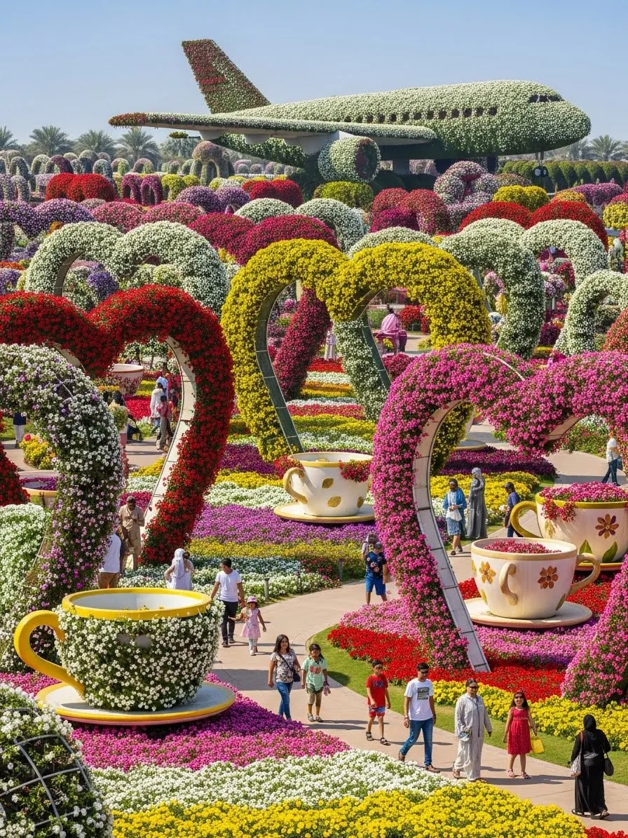 Colorful floral displays and pathways inside Dubai Miracle Garden on a sunny day