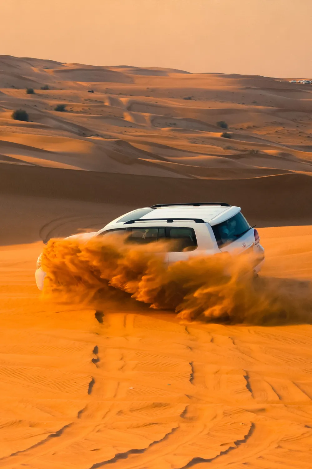 Evening desert safari in Dubai with sunset over sand dunes