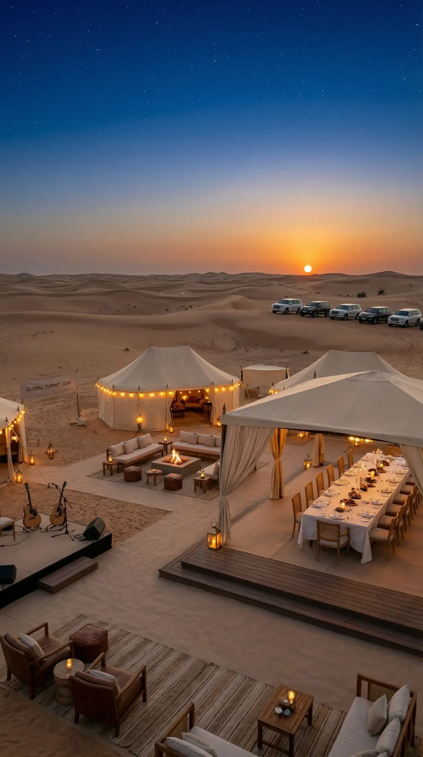 Luxury private desert camp in Dubai featuring high-end décor, custom lighting and VIP dining experience