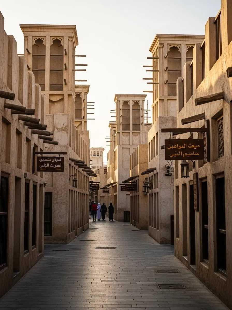 Al Fahidi Historical District in Old Dubai with traditional buildings and cultural sites
