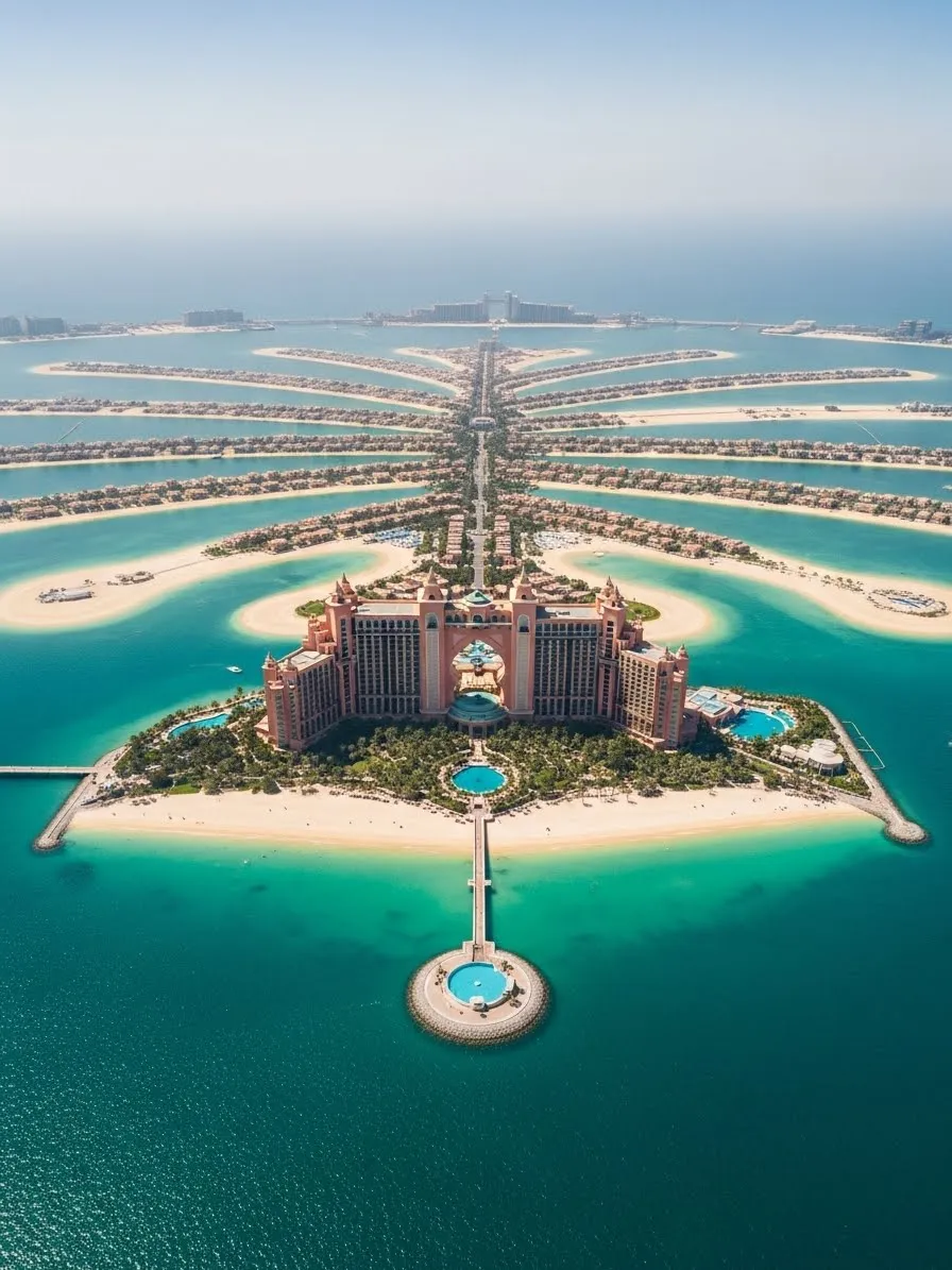 Aerial view of Palm Jumeirah island with Atlantis The Palm resort and luxury coastline
