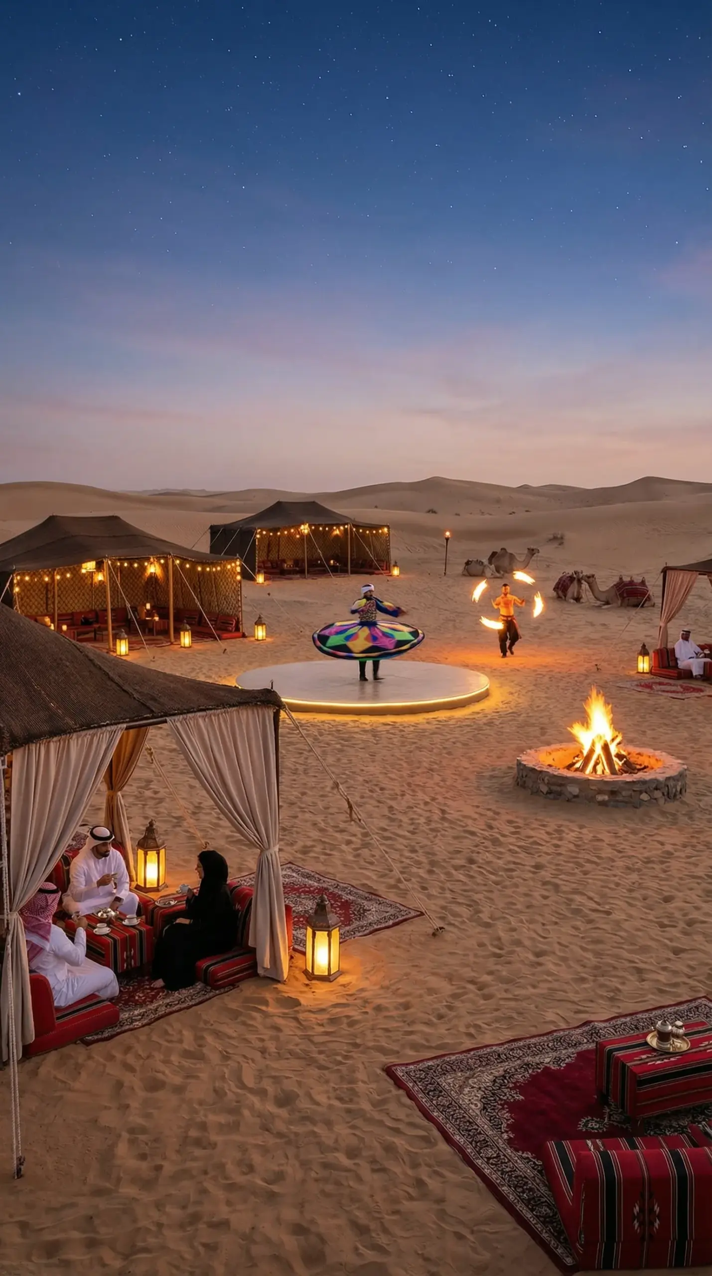 Optional private entertainment at a Dubai desert camp including fire show, Tanoura and belly dance performances