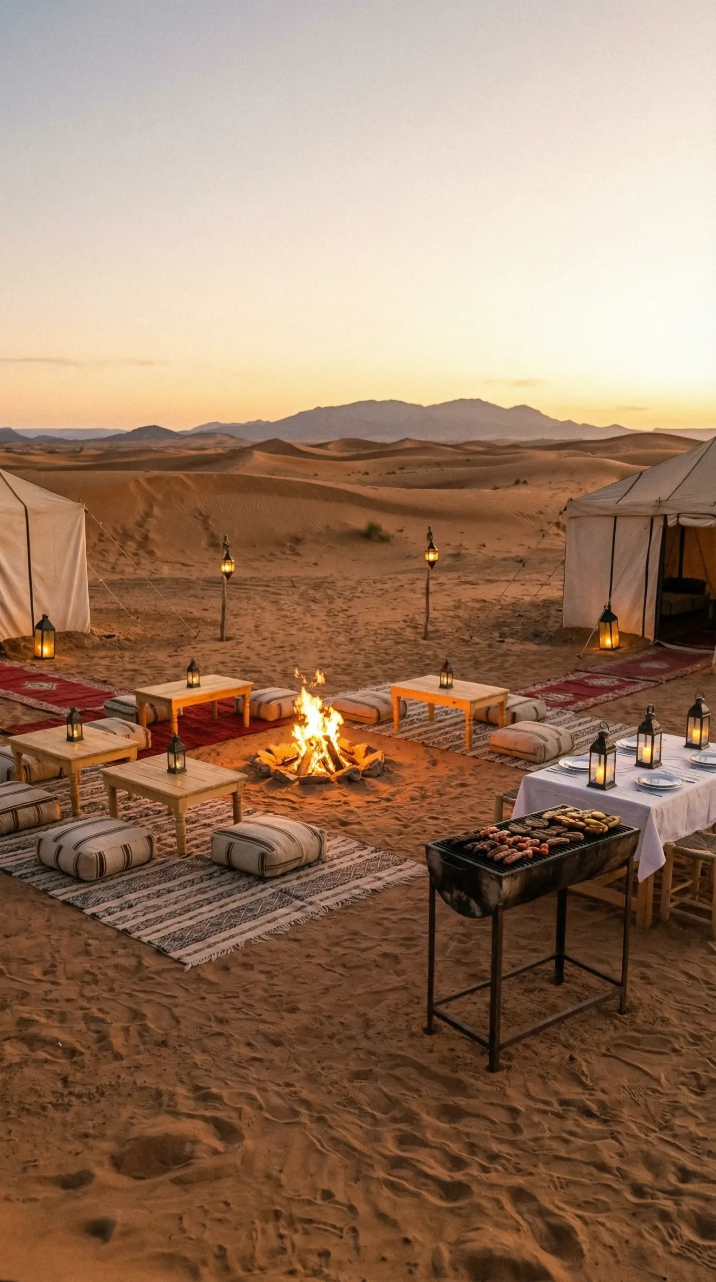 Standard private desert camp in Dubai with BBQ dinner, campfire setup and calm private atmosphere